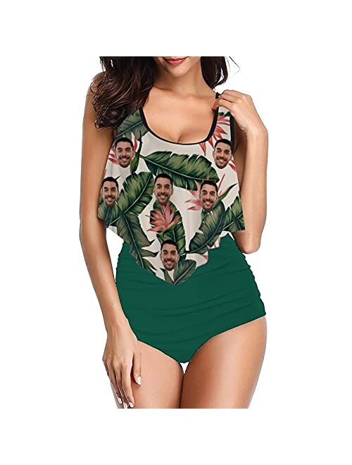 Interestprint Custom Face Seamless face High Waisted Swimsuit Ruffled Top Bathing Suits Personalized Photo Gifts Swimwear for Women Girl