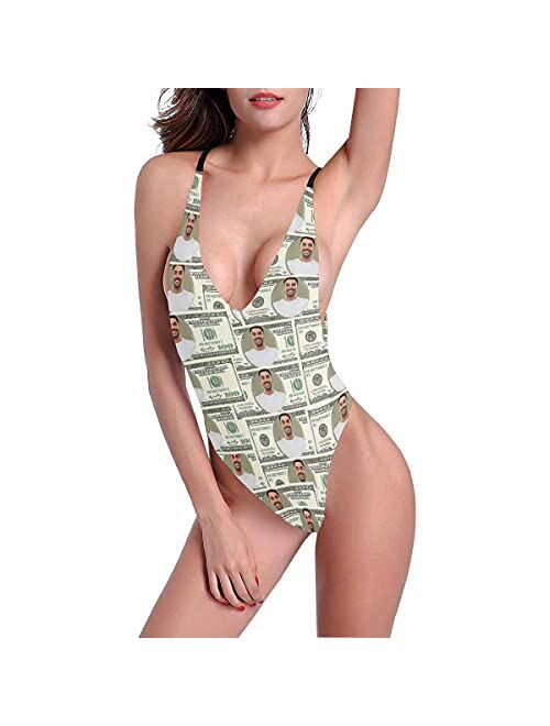 Interestprint Custom Face Money Women's Halter Straps Backless Swimsuit Personalized Sexy Deep V-Neck One Piece Swimwear Swimming Suit