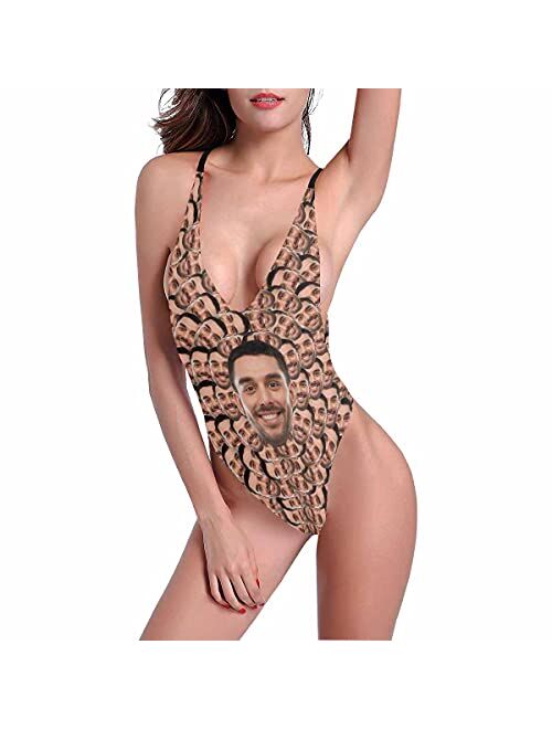 Interestprint Custom Face Money Women's Halter Straps Backless Swimsuit Personalized Sexy Deep V-Neck One Piece Swimwear Swimming Suit