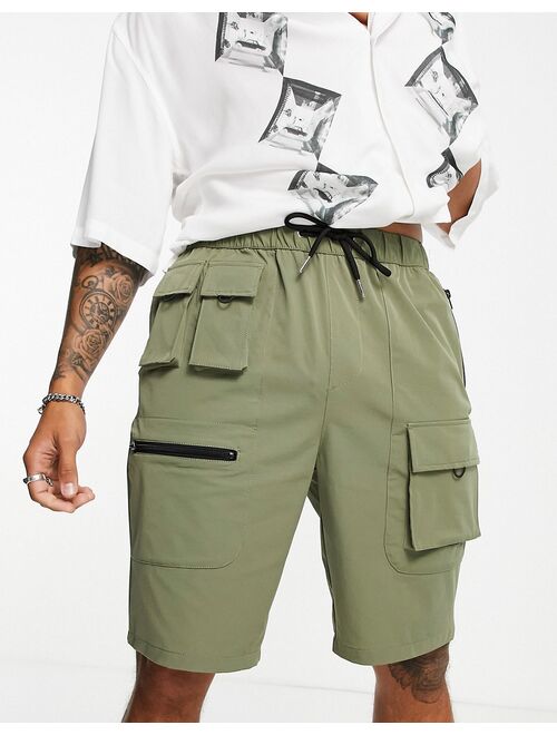 Topman longline multi pocket cargo short in khaki