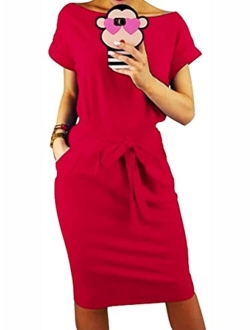 Women's Basic Crewneck Belted Office Dress Solid Color Short Sleeve Party Slim Dress