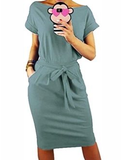 Women's Basic Crewneck Belted Office Dress Solid Color Short Sleeve Party Slim Dress