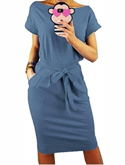 Women's Basic Crewneck Belted Office Dress Solid Color Short Sleeve Party Slim Dress