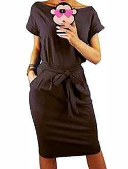 Women's Basic Crewneck Belted Office Dress Solid Color Short Sleeve Party Slim Dress