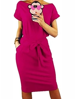 Women's Basic Crewneck Belted Office Dress Solid Color Short Sleeve Party Slim Dress