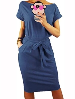 Women's Basic Crewneck Belted Office Dress Solid Color Short Sleeve Party Slim Dress