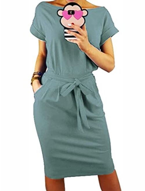 PRETTYGARDEN Women's Basic Crewneck Belted Office Dress Solid Color Short Sleeve Party Slim Dress