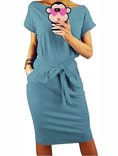 PRETTYGARDEN Women's Basic Crewneck Belted Office Dress Solid Color Short Sleeve Party Slim Dress