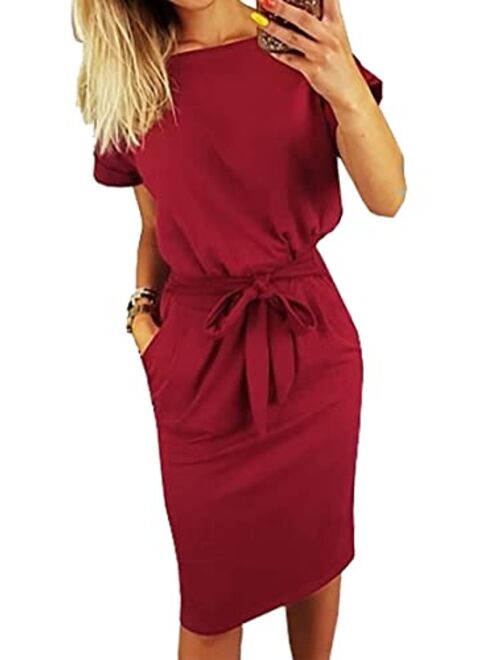 PRETTYGARDEN Women's Basic Crewneck Belted Office Dress Solid Color Short Sleeve Party Slim Dress