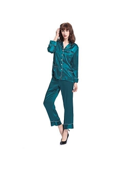 Silk Pajamas Set for Women's Long V Neck Notched Collar with White Trimmed