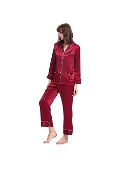 Silk Pajamas Set for Women's Long V Neck Notched Collar with White Trimmed