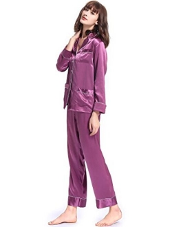 Silk Pajamas Set for Women's Long V Neck Notched Collar with White Trimmed