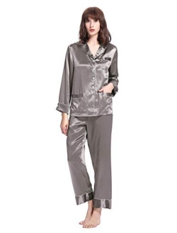 Silk Pajamas Set for Women's Long V Neck Notched Collar with White Trimmed