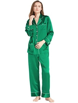 Silk Pajamas Set for Women's Long V Neck Notched Collar with White Trimmed