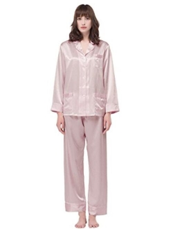 Silk Pajamas Set for Women's Long V Neck Notched Collar with White Trimmed