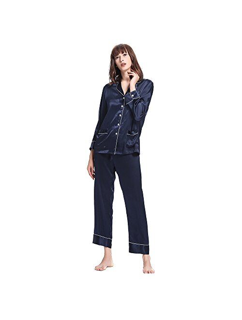 LilySilk Silk Pajamas Set for Women's Long  V Neck Notched Collar with White Trimmed