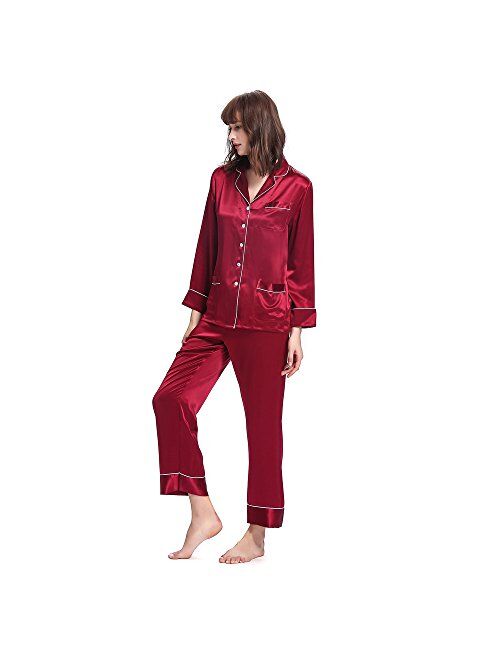 LilySilk Silk Pajamas Set for Women's Long  V Neck Notched Collar with White Trimmed