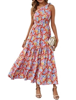 Women's Summer Floral Dress One Shoulder Sleeveless Knot Ruffled Hem Flowy Bohemian Maxi Dresses