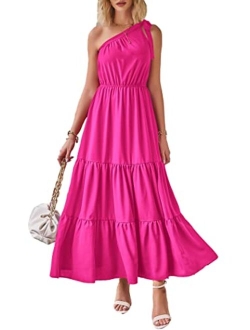 Women's Summer Floral Dress One Shoulder Sleeveless Knot Ruffled Hem Flowy Bohemian Maxi Dresses