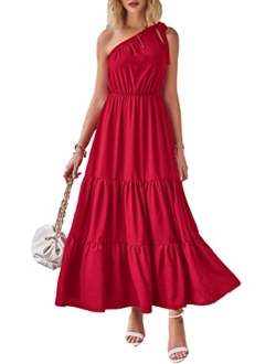 Women's Summer Floral Dress One Shoulder Sleeveless Knot Ruffled Hem Flowy Bohemian Maxi Dresses