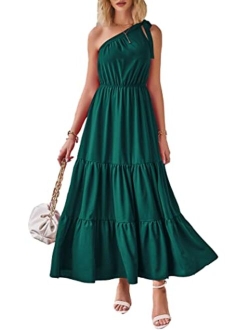 Women's Summer Floral Dress One Shoulder Sleeveless Knot Ruffled Hem Flowy Bohemian Maxi Dresses