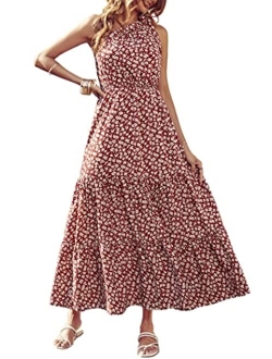 Women's Summer Floral Dress One Shoulder Sleeveless Knot Ruffled Hem Flowy Bohemian Maxi Dresses