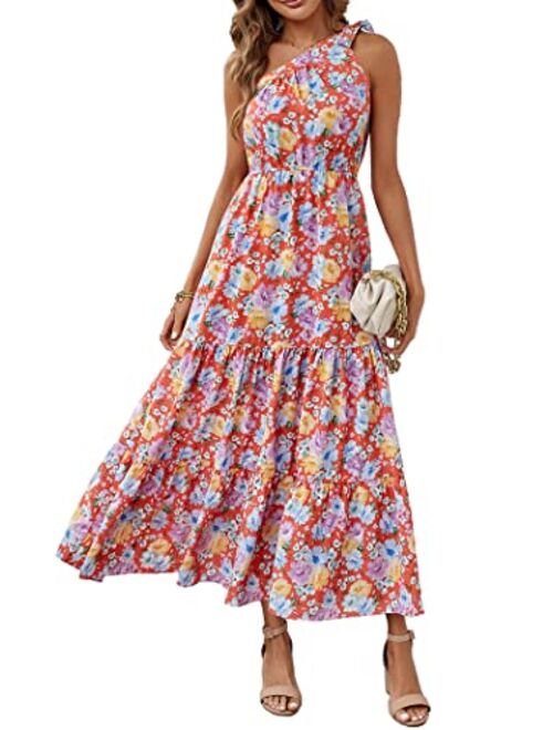 PRETTYGARDEN Women's Summer Floral Dress One Shoulder Sleeveless Knot Ruffled Hem Flowy Bohemian Maxi Dresses