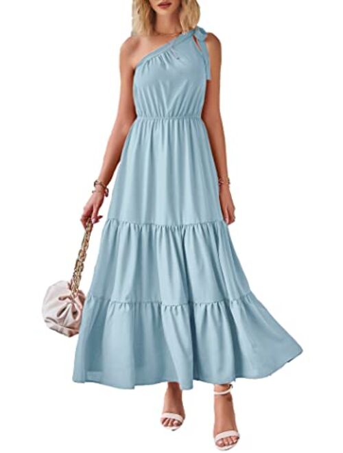 PRETTYGARDEN Women's Summer Floral Dress One Shoulder Sleeveless Knot Ruffled Hem Flowy Bohemian Maxi Dresses