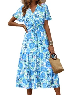 Women's Floral Boho Dress Casual Short Sleeve V Neck Ruffle Tiered Summer Swing Maxi Dresses with Belt