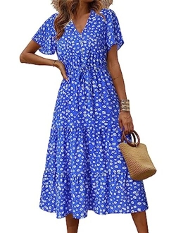 Women's Floral Boho Dress Casual Short Sleeve V Neck Ruffle Tiered Summer Swing Maxi Dresses with Belt