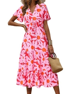 Women's Floral Boho Dress Casual Short Sleeve V Neck Ruffle Tiered Summer Swing Maxi Dresses with Belt