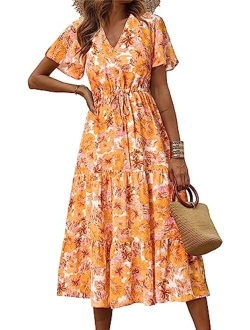 Women's Floral Boho Dress Casual Short Sleeve V Neck Ruffle Tiered Summer Swing Maxi Dresses with Belt