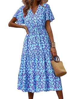 Women's Floral Boho Dress Casual Short Sleeve V Neck Ruffle Tiered Summer Swing Maxi Dresses with Belt