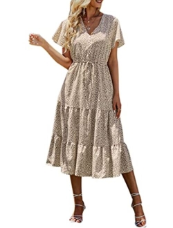 Women's Floral Boho Dress Casual Short Sleeve V Neck Ruffle Tiered Summer Swing Maxi Dresses with Belt