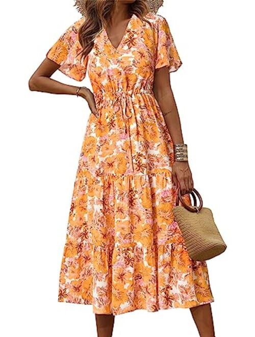 PRETTYGARDEN Women's Floral Boho Dress Casual Short Sleeve V Neck Ruffle Tiered Summer Swing Maxi Dresses with Belt