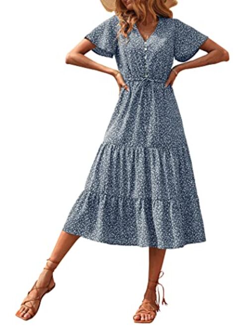 PRETTYGARDEN Women's Floral Boho Dress Casual Short Sleeve V Neck Ruffle Tiered Summer Swing Maxi Dresses with Belt