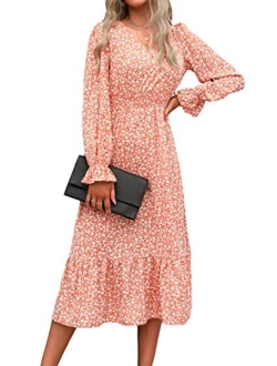 Women's Casual Long Sleeve Midi Fall Dress Boho Pleated V Neck Ruffled Vintage Floral Print Flowy Long Dresses