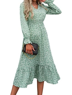 Women's Casual Long Sleeve Midi Fall Dress Boho Pleated V Neck Ruffled Vintage Floral Print Flowy Long Dresses