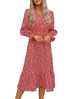 Women's Casual Long Sleeve Midi Fall Dress Boho Pleated V Neck Ruffled Vintage Floral Print Flowy Long Dresses