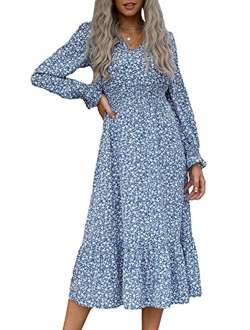 Women's Casual Long Sleeve Midi Fall Dress Boho Pleated V Neck Ruffled Vintage Floral Print Flowy Long Dresses