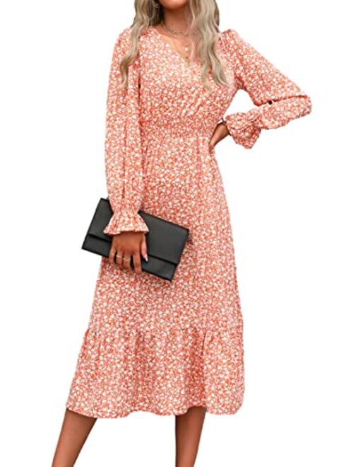 PRETTYGARDEN Women's Casual Long Sleeve Midi Fall Dress Boho Pleated V Neck Ruffled Vintage Floral Print Flowy Long Dresses