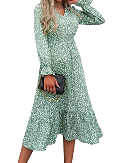 PRETTYGARDEN Women's Casual Long Sleeve Midi Fall Dress Boho Pleated V Neck Ruffled Vintage Floral Print Flowy Long Dresses