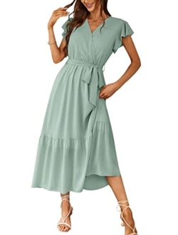 Women's Floral Summer Dress Wrap V Neck Short Sleeve Belted Ruffle Hem A-Line Bohemian Maxi Dresses