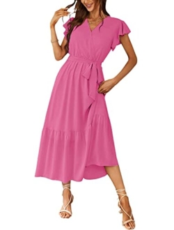 Women's Floral Summer Dress Wrap V Neck Short Sleeve Belted Ruffle Hem A-Line Bohemian Maxi Dresses