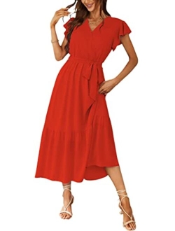 Women's Floral Summer Dress Wrap V Neck Short Sleeve Belted Ruffle Hem A-Line Bohemian Maxi Dresses