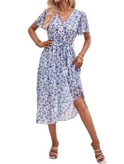 Women's Floral Summer Dress Wrap V Neck Short Sleeve Belted Ruffle Hem A-Line Bohemian Maxi Dresses