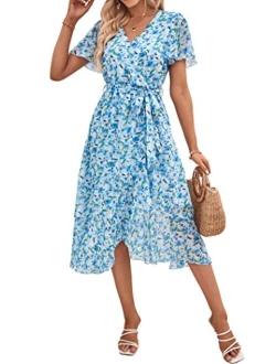 Women's Floral Summer Dress Wrap V Neck Short Sleeve Belted Ruffle Hem A-Line Bohemian Maxi Dresses