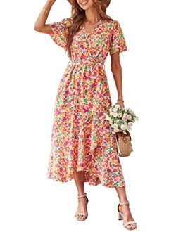 Women's Floral Summer Dress Wrap V Neck Short Sleeve Belted Ruffle Hem A-Line Bohemian Maxi Dresses