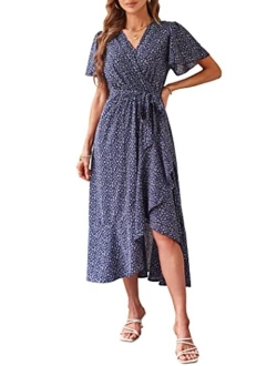 Women's Floral Summer Dress Wrap V Neck Short Sleeve Belted Ruffle Hem A-Line Bohemian Maxi Dresses