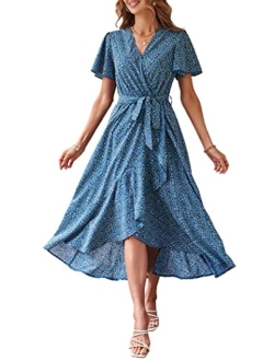 Women's Floral Summer Dress Wrap V Neck Short Sleeve Belted Ruffle Hem A-Line Bohemian Maxi Dresses